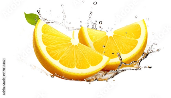 Fototapeta Vibrant Orange Slices with Water Splash and Green Leaf Detail on Transparent Background