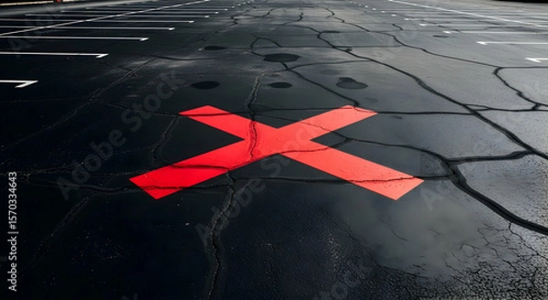 Fototapeta Red Cross Marking On Cracked Asphalt In Parking Lot For Spatial Distance