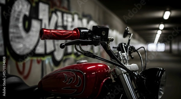 Fototapeta Red Motorcycle Classic Detail Parked in the Dark Tunnel Illuminated by Lights