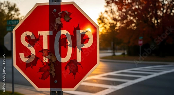 Fototapeta Red Stop Sign Adorned With Falling Autumn Leaves At Sunset On The Road