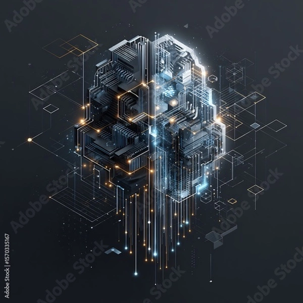 Fototapeta Abstract Digital Brain with Circuit Board and Data Streams