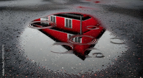 Fototapeta Reflected Facade Vivid House Raindrop Ripples Creating A Mesmerizing Abstract Impression
