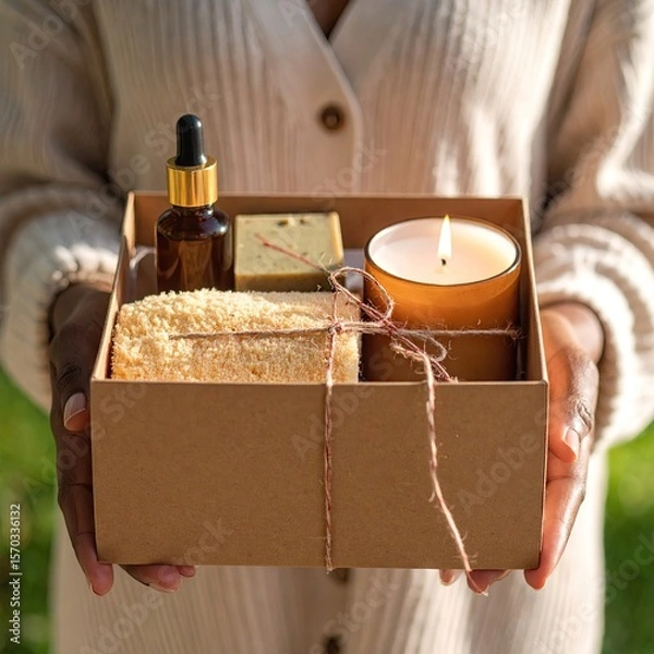 Fototapeta Gift box with spa items held by hands