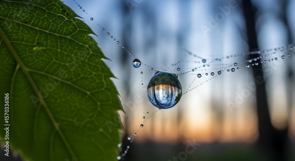Fototapeta Reflections Captured In Dewdrops On Spiderweb Strands Near A Green Leaf