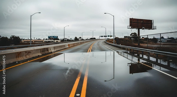Fototapeta Reflections On Asphalt A Gray Day Highway Scene After Rain