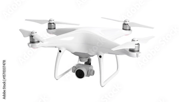Fototapeta White Drone Angled View with Camera and Propellers Isolated Transparent Background