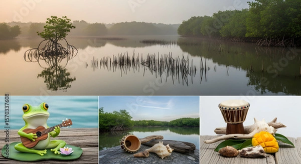 Fototapeta Relaxing Nature Scenes With Musical And Tropical Elements Displayed In A Collage