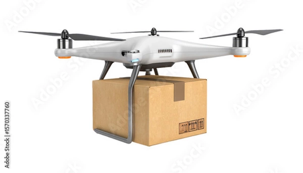 Fototapeta White Drone Carrying Brown Cardboard Box Against Transparent Background Isolated Transparent Background