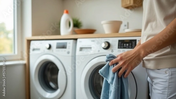 Obraz Woman doing laundry, placing clothes into a top-loading washing machine in a bright laundry room.