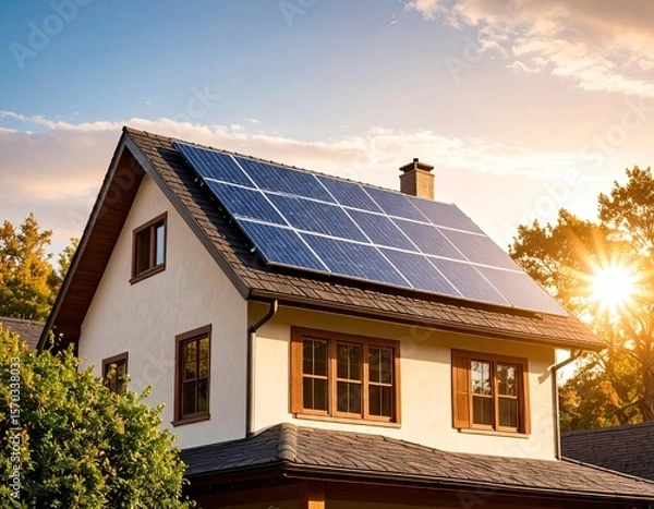 Fototapeta Home with solar panels on a beautiful sunset