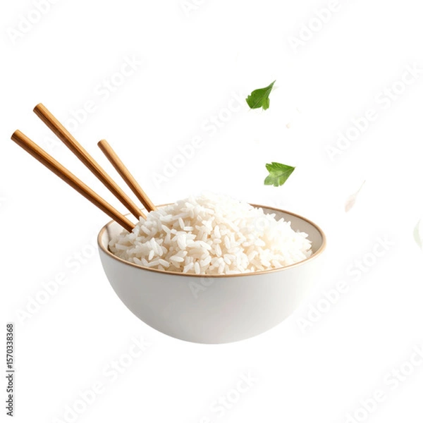 Fototapeta White Rice Bowl With Wooden Chopsticks And Scattered Green Herbs Isolated Transparent Background