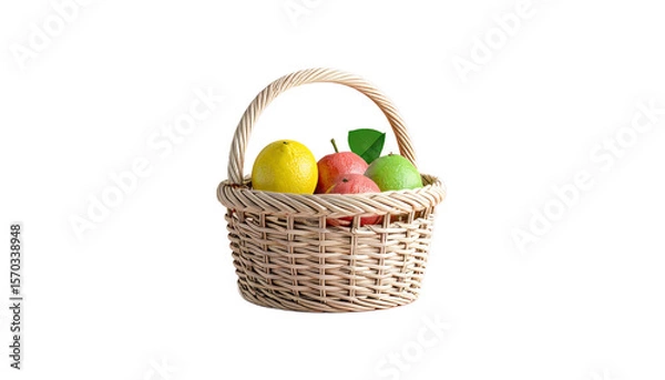 Fototapeta Wicker Basket With Fruits Including Yellow Lemon Red Apple and Green Lime on Isolated Transparent Background