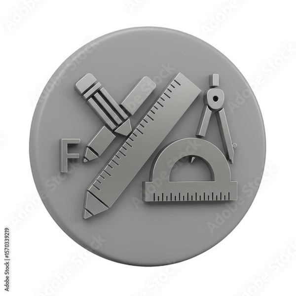 Fototapeta Grey 3D Icon with Compass Pencil Protractor Ruler Mathematics on Transparent