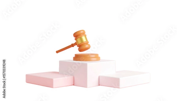 Fototapeta Wooden Gavel on Pedestal Symbolizing Law and Justice On White And Red Podium Isolated Transparent Background