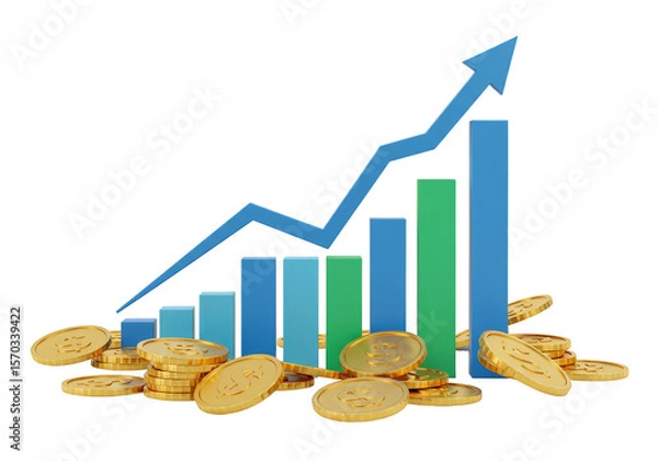 Fototapeta Growth Diagram with Golden Coins Arrow and Transparent Background
