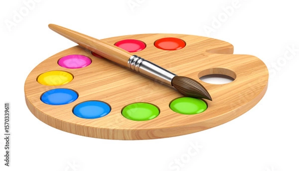 Fototapeta Wooden Palette With Paint Brush And Colorful Paint Dots Isolated Transparent Background