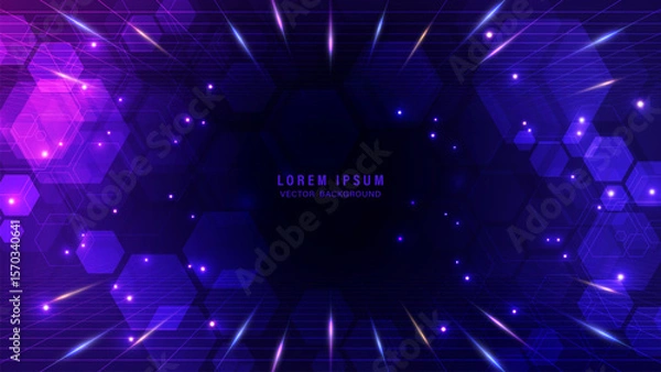 Fototapeta Futuristic digital background in deep purple and blue, with glowing hexagonal grid, neon lines, light streaks, and particle effects