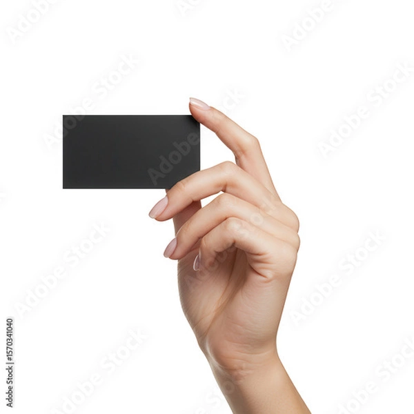 Fototapeta Hand holding blank card mockup isolated on transparent background. use for business, credit, invitation, or gift.