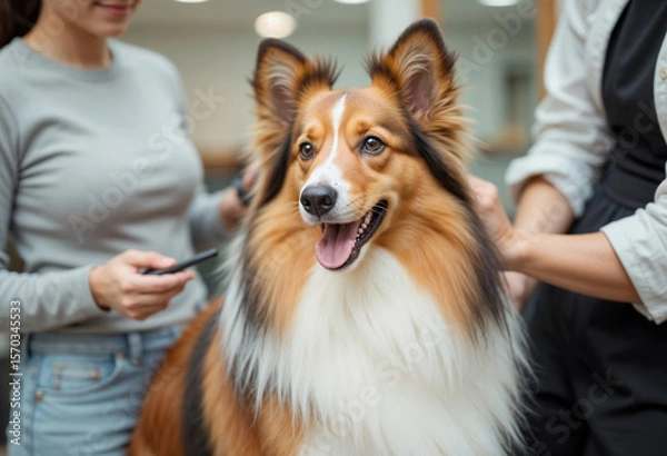 Fototapeta Happy Sheltie dog being groomed by pet owner and groomer in a bright salon

