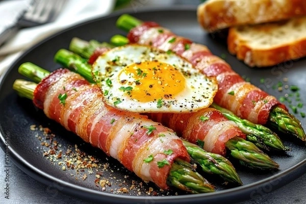 Fototapeta Baked asparagus wrapped in Parma ham served with egg, toast, and garnish Plate ham