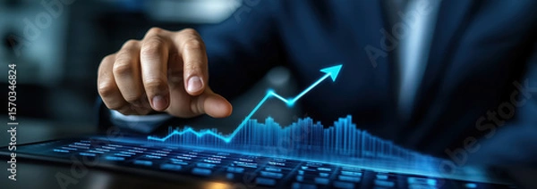 Obraz Photography advertising shot of close up businessman touching an upward arrow on a virtual graph with empty background.
