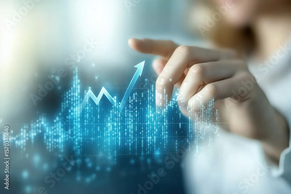 Fototapeta Photography advertising shot of close up businessman touching an upward arrow on a virtual graph with empty background.