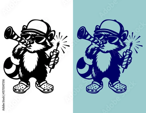 Fototapeta New Year Party Raccoon Cartoon Mascot Line Art Vector