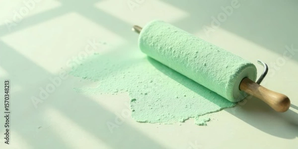 Fototapeta Rolling Pin and Pastel Green Substance on a Light Surface in Soft Light