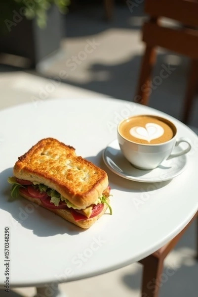 Fototapeta A delightful toasted sandwich with fresh vegetables, served alongside a steaming cup of latte art coffee on a sunny patio table.