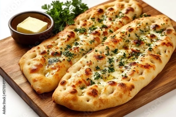 Fototapeta Freshly baked garlic naan bread on rustic wooden surface - appetizing homemade Delicious breads lying