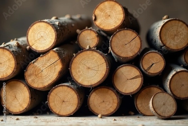Fototapeta A Stack of Freshly Cut Logs Shows the Natural Rings and Texture of Wood