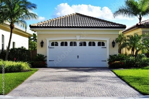 Fototapeta Modern single-story home featuring a tile roof and brick paver driveway in New one-story