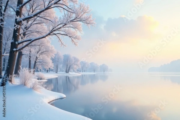 Fototapeta Serene Winter Landscape Frost-Covered Trees Reflecting in a Calm, Misty Lake at Dawn