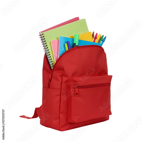 Obraz Red Bag with Stationery Items Coming Out – School Supplies and Creativity Concept, Isolated on White or Transparent Background