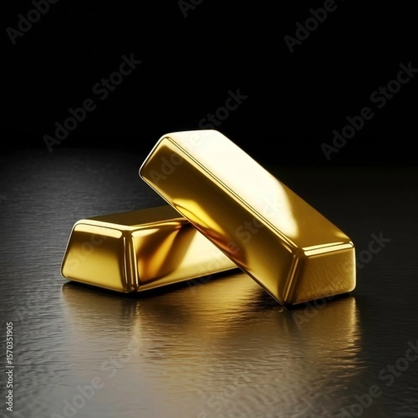 Fototapeta A group of shiny golden bars neatly stacked on a reflective black surface, symbolizing wealth, luxury, and financial investment opportunities.