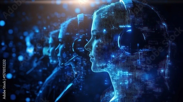Fototapeta Futuristic customer support representatives with digital interface overlays