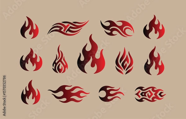 Fototapeta Collection of stylized flame and tribal fire designs in red and black gradient perfect for tattoos logos or graphic elements