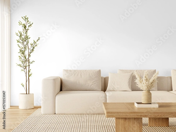 Fototapeta Modern beige sofa corner with plant and wooden coffee table on rug – Transparent Wall Mockup with Realistic Shadows – 3D render
