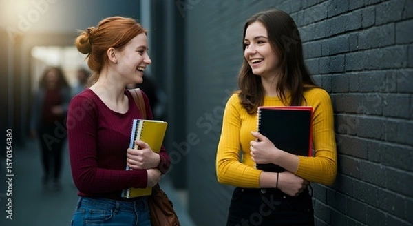 Fototapeta Two cheerful female students, holding notebooks, smile and chat in a hallway.