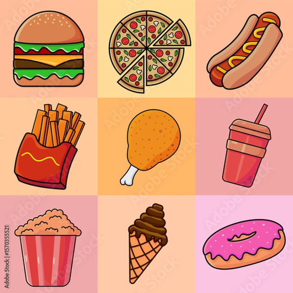 Fototapeta Vector illustration set of cartoon-style fast food items including burger, pizza, hot dog, fries, soda, popcorn, chicken, donut, and ice cream. Perfect for food content, menus, and kids