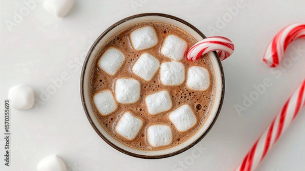 Fototapeta Festive peppermint hot cocoa with marshmallows and candy cane