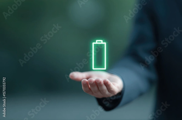 Fototapeta Person holds glowing battery icon their hand, symbolizing energy and technology. image conveys sense of innovation