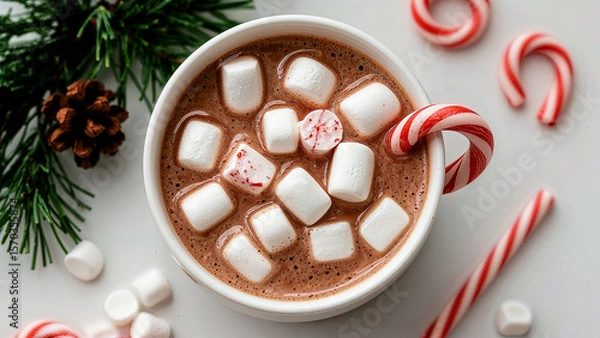 Fototapeta Festive peppermint hot cocoa with marshmallows and candy cane