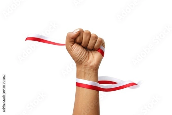 Fototapeta The hands of a man holding a red and white ribbon as a symbol of the Indonesian flag