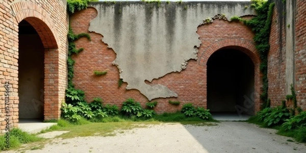 Fototapeta Architectural detail of aged brickwork with arched entryways and weathered concrete features, nestled amidst vibrant greenery