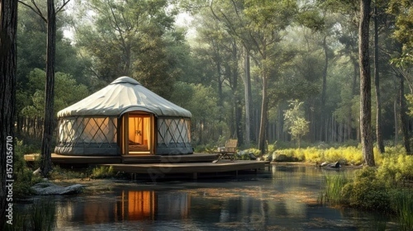 Fototapeta Secluded Yurt Retreat at Waterside Embraced by Forest Serenity and Tranquility