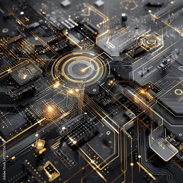 Fototapeta Futuristic Circuit Board Design with Golden Traces
