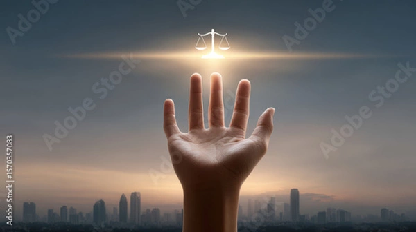 Fototapeta Hand reaching towards glowing scale symbolizing justice against city skyline backdrop evokes sense of hope and balance
