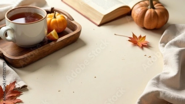 Fototapeta Cozy Autumn Scene Warm Drink, Miniature Gourds, and Fall Leaves Beside an Open Book on a Neutral Surface