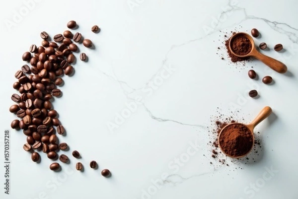 Fototapeta Aromatic Coffee Beans and Ground Coffee in Wooden Spoons on Marble Surface